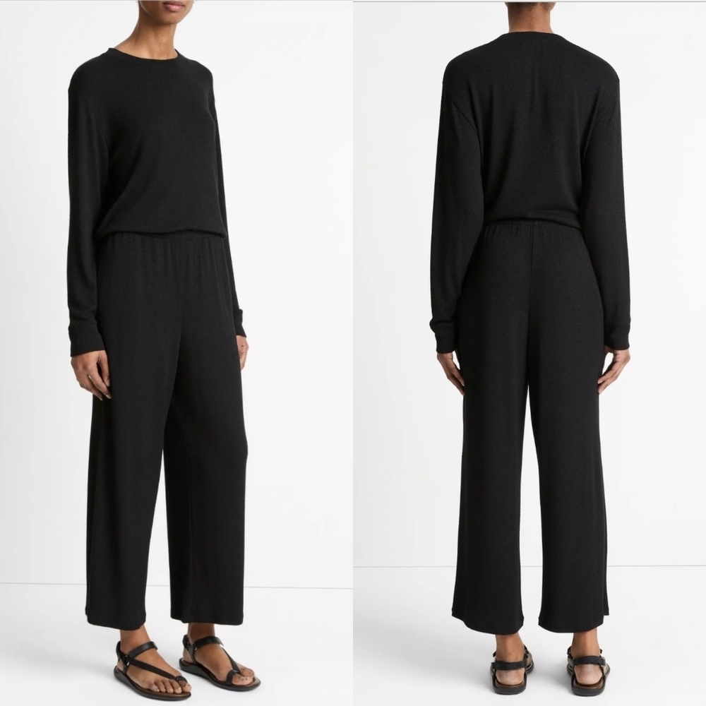 New Vince Textured Knit Every Day Pull On High Waist Wide Leg Crop Lounge Pants